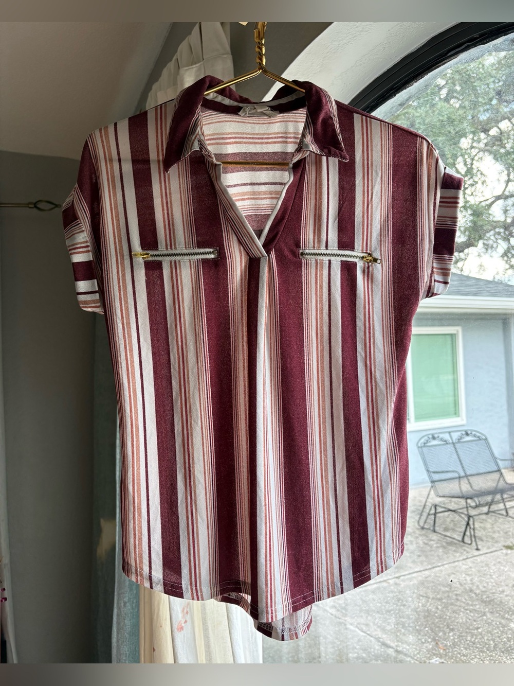 Flower & Feather Striped Short-Sleeve V-Neck Blouse in Burgundy and White